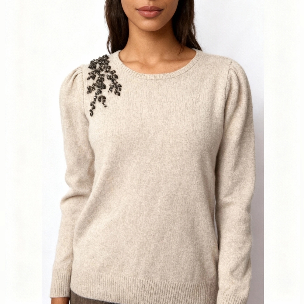 Elegant Cream Sweater with Embellished Shoulder